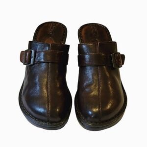 Born Handcrafted Brown Leather Wedge Heel Buckle Detail Slip-on Mule Shoe Size 8